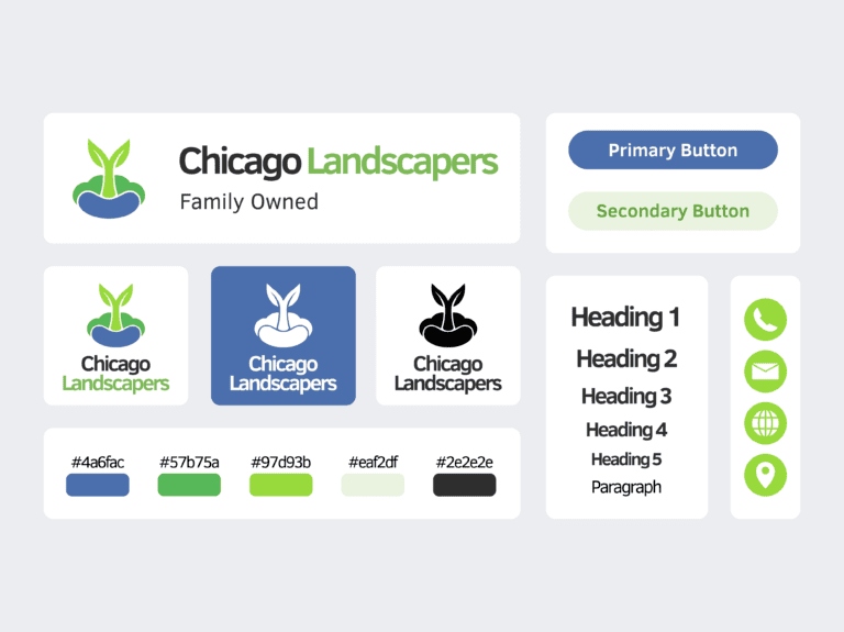 Compilation of Chicago Landscapers branding assets including logo, colors, typography, and visual identity elements