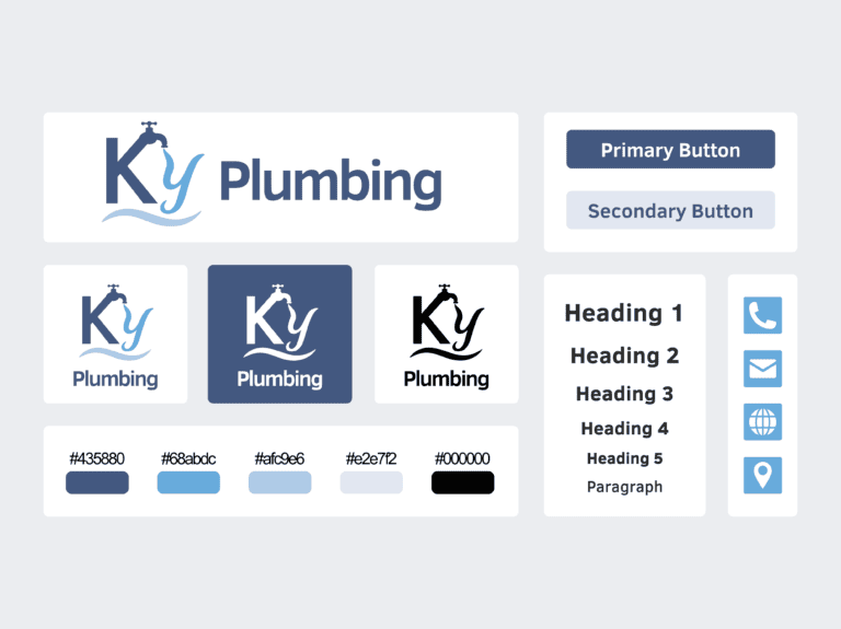 Compilation of KY Plumbing branding assets including logo, colors, typography, and visual identity elements