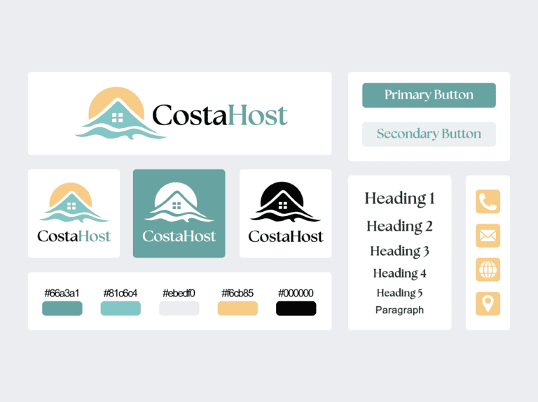 Compilation of CostaHost branding assets including logo, colors, typography, and visual identity elements