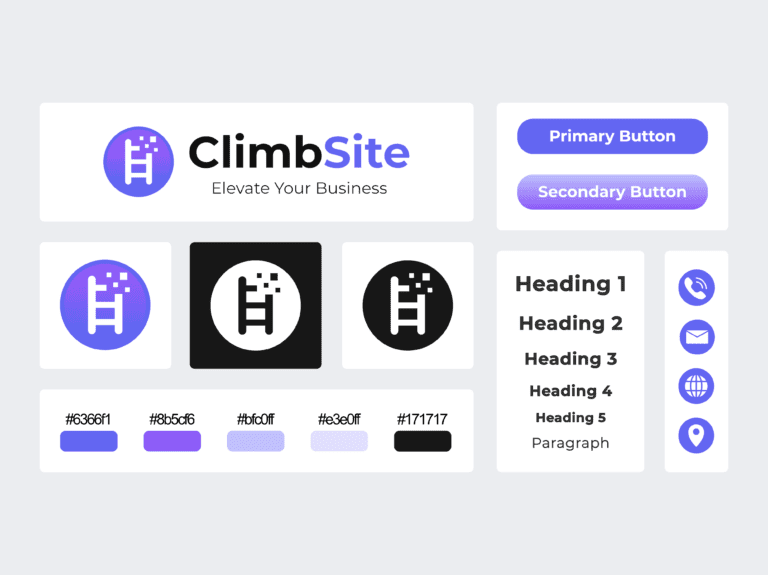 Compilation of ClimbSite branding assets including logo, colors, typography, and visual identity elements