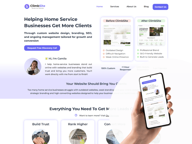 ClimbSite website homepage showcasing modern web design, branding, and digital solutions